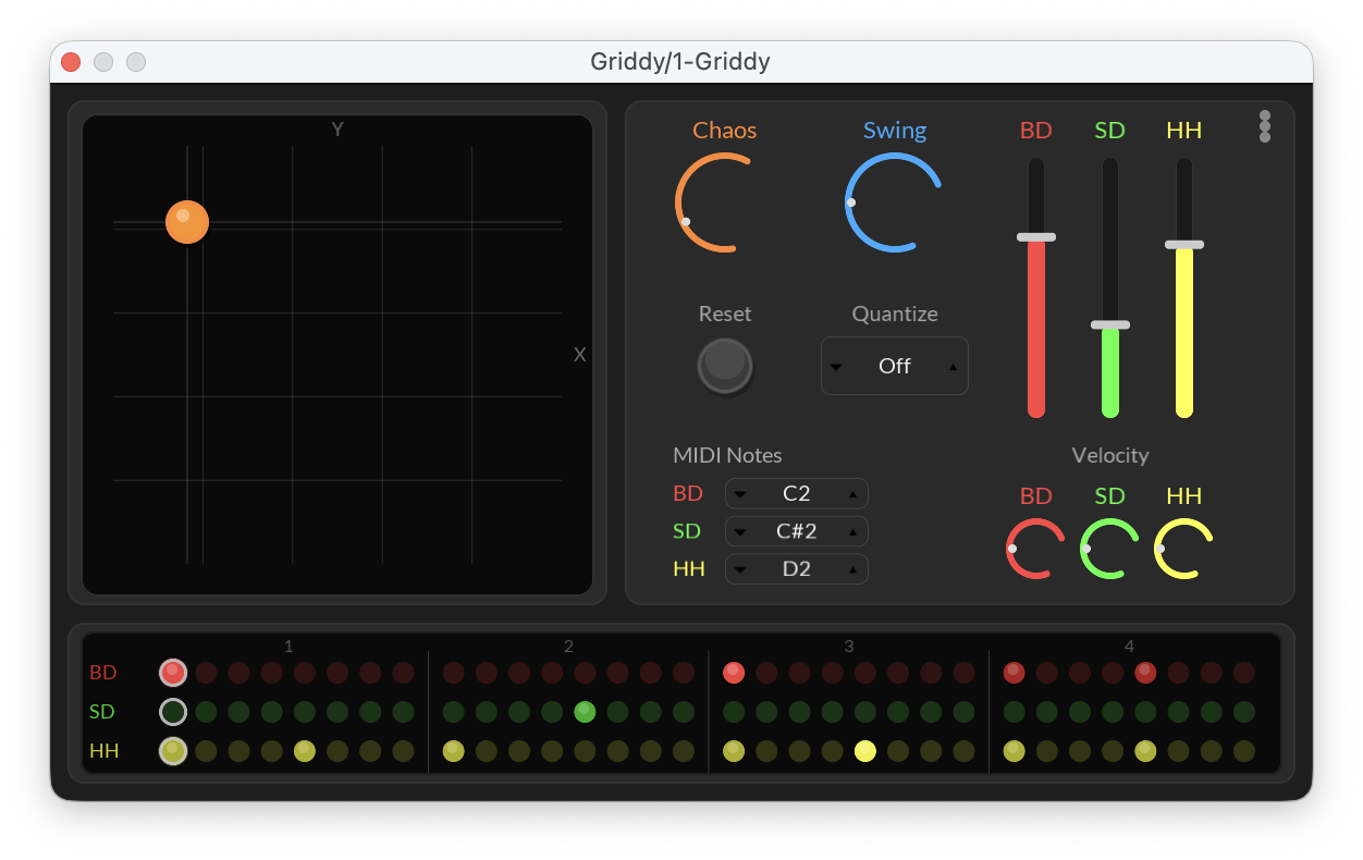 Griddy main view with quantize reset and MIDI notes visible